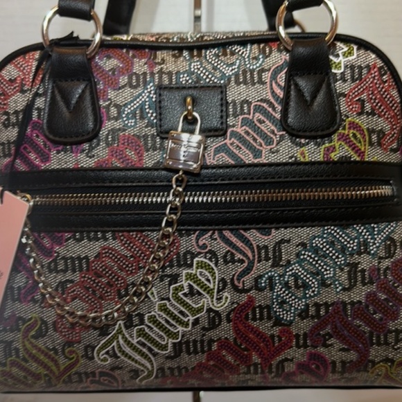 NEW Juicy Couture Black Beige Multi Lock N Chain Satchel Handbag Purse - Picture 6 of 14